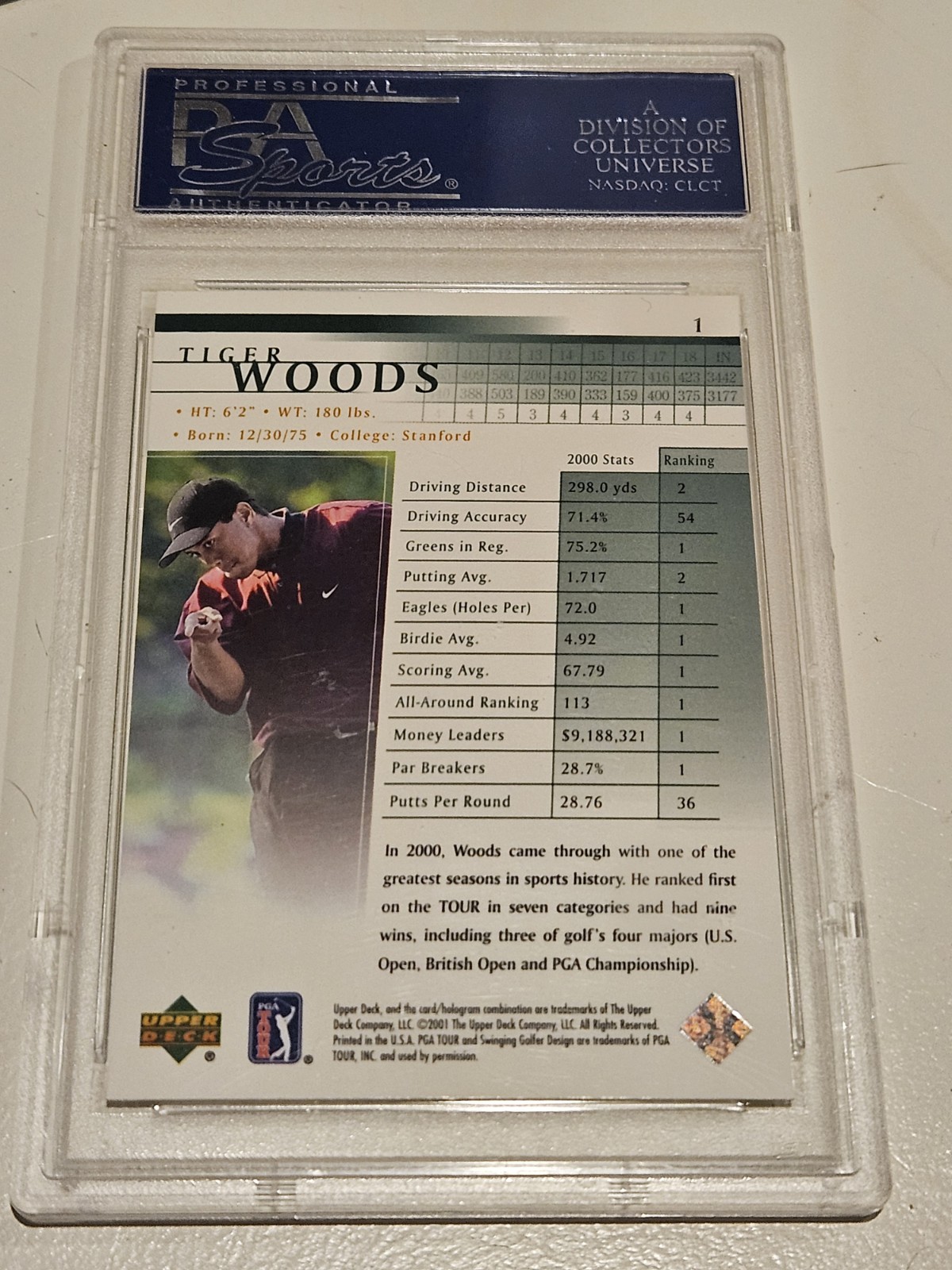 Tiger Woods 2001 Upper Deck #1 Rookie Card PSA 10 Blue Ink Error Misprint Rare view 2