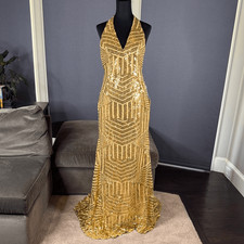 Women s Gold Sequined Full Length Prom Formal Dress Halter Neck Train Size S NWT