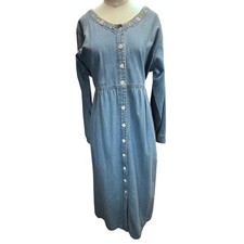 JJ Sport Denim Dress Womens Large Blue Y2k retro Vintage Floral Embroidered Midi