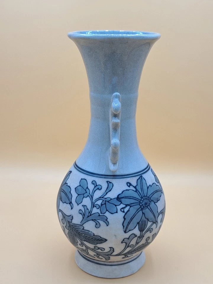 Jarrón de mesa de celadón chino alto de cerámica artística vintage asas de ala pintado a mano Foto 4 de 4