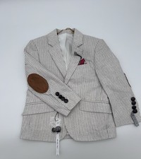 Elie Balleh Toddler Boys 2/3 Cream Grey Pinstripe Blazer Sport Coat Elbow Patch