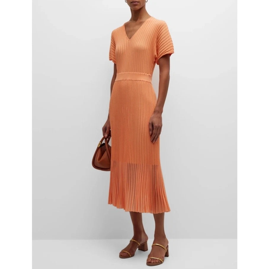 Vestido midi feminino Misook manga curta plissado XL laranja com nervuras decote V  - Imagem 2 de 4