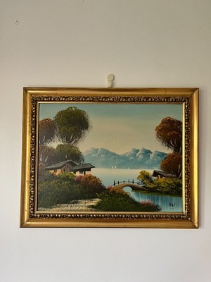 Vintage Ölgemälde signiert asiatische Szene Landschaft im Rahmen 47,5 cm x 37,5 cm