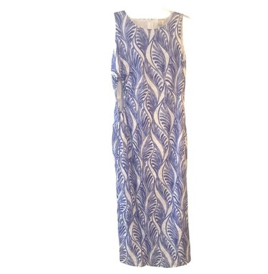 Magaschoni 100% Linen Peek A Boo Side Cut-Out Midi Dress Blue White Women Size 6