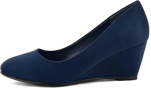 Greatonu Women's Wedge Pumps Closed Toe High Heel Slip on Office 6.5, Navy - Picture 2 of 7