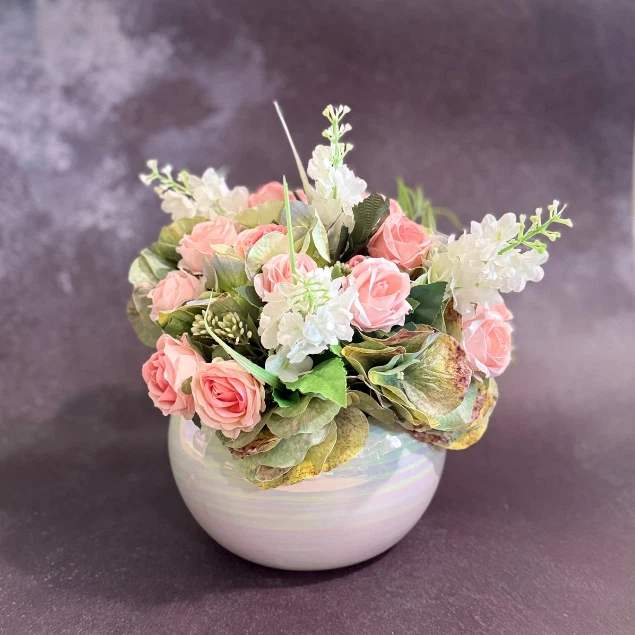 Faux Pink Rose Floral Arrangement Centerpiece in Ceramic Pearl Bowl - Image 4 of 4