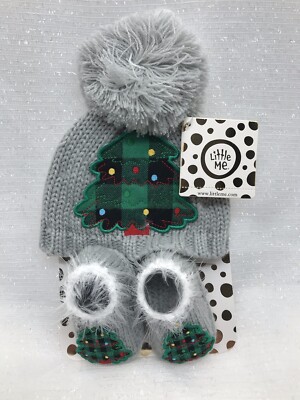 Little Me Baby Girls Crocheted Green Gray Beanie Hat & Booties Christmas 0-6M 