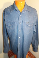 B5 Wrangler Work Shirt Style 70127MW Cowboy Cut Denim Pearl Snap SZ 17 1/2 /35