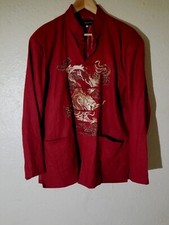 VINTAGE SILK CHINESE EMBROIDERY RED ROBE JACKET BLAZER DRAGON XXXL 3XL