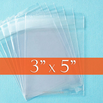 100 Clear Cello Bags, 3x5 inch OPP Poly, Resealable Adhesive on Flap, 3'' x 5''
