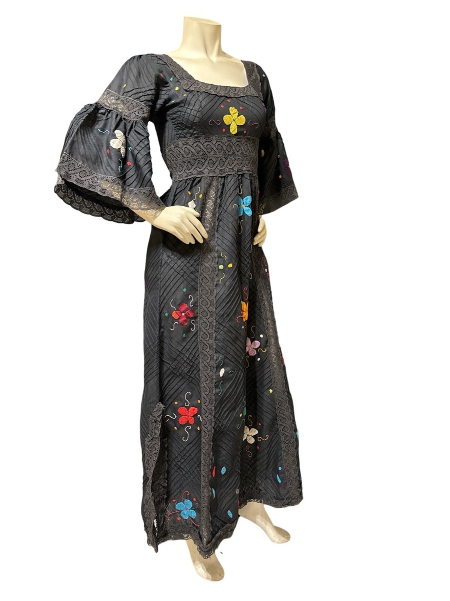 VTG 1960s Mexican Wedding Boho Black Floral Embroidered Pintuck Maxi Dress  XS/S | eBay