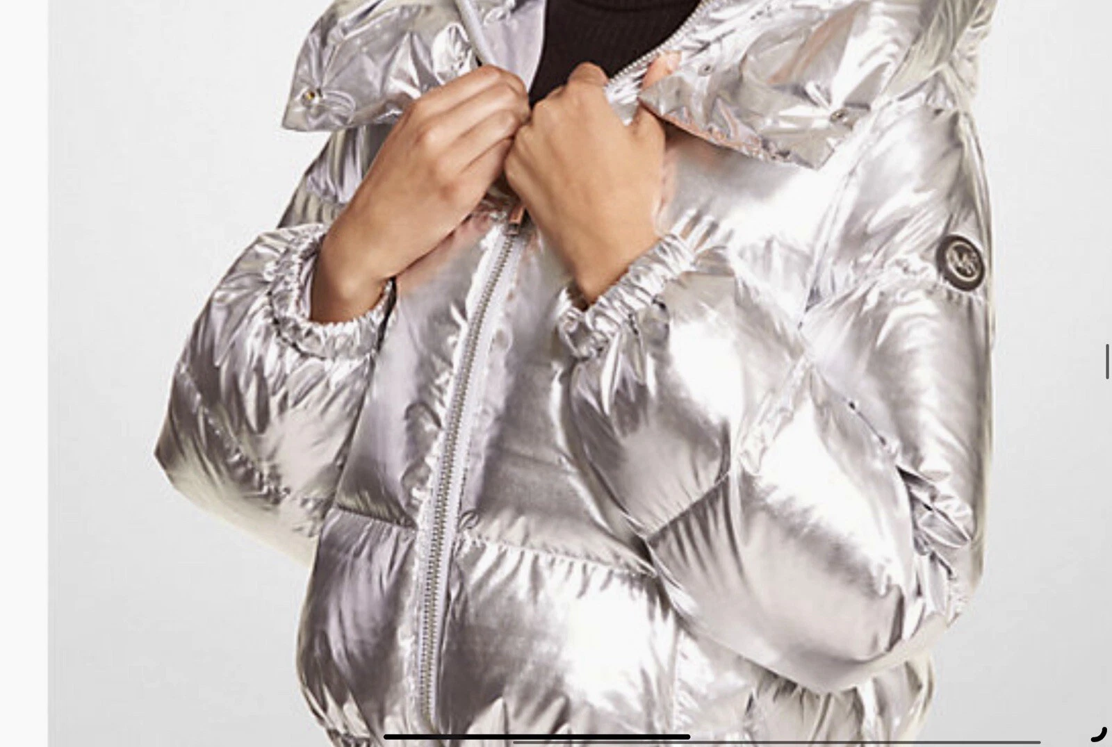 MICHAEL KORS Ciré Silver Shine cappotto imbottito con cappuccio giacca argento ...L@@k