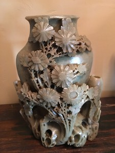 Vintage Antique Carving Soapstone China Flowers Vase Double Vessel Unique