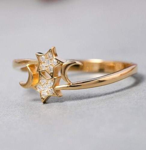 14K Solid Gold Moon And Star Ring, Moon Star Jewelry, Handmade Ring - Picture 4 of 9