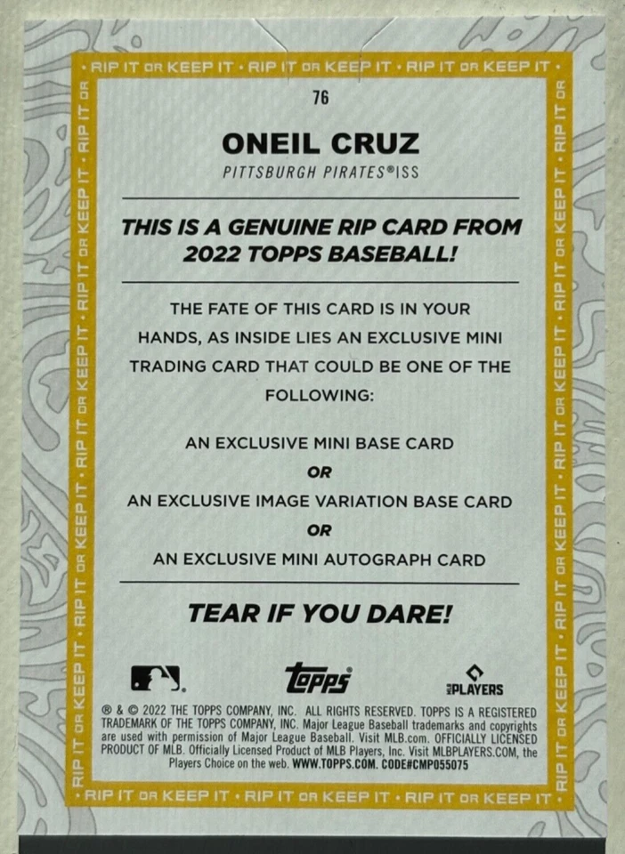 2022 Topps Rip 76 Oneil Cruz Pittsburgh Pirates RC Black 12/50 UNRIPPED - Image 2 of 2