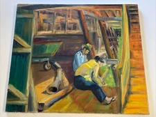 Antique American Regionalism Painting Landscape Wpa Style Portrait Pat Berger