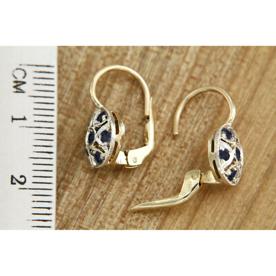 Boucles D'oreilles En Or Jaune 14k Avec Saphir Et Diamant - Dormeuses Style Ancien - Neuf
