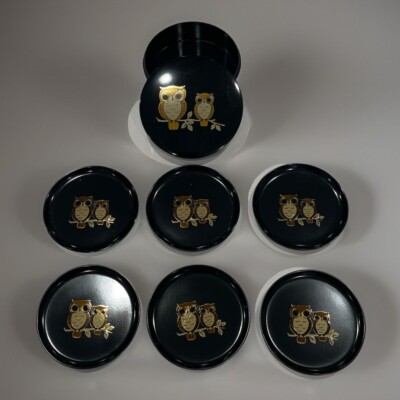 Owls Coasters ~Set of 6 ~Matching Storage Container~ Otagiri Japan-vintage