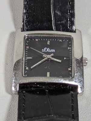S. Oliver Black Dial Silver Tone Square Case Black Leather Band Watch