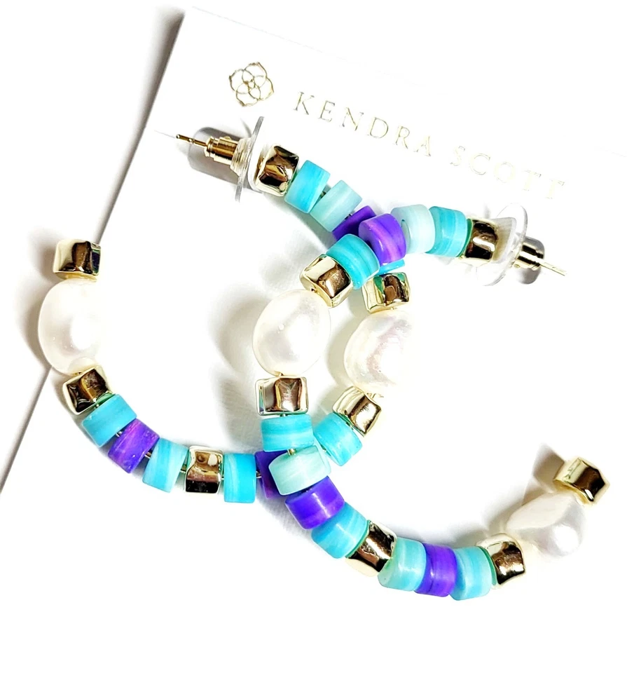 Pendientes de aro Kendra Scott con cuentas mezcla azul aguamarina howlite enchapados en oro de 14 k nuevos con etiquetas Foto 4 de 4