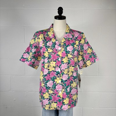 Vintage 80s Hawaiian Floral Woven Camp Shirt Deadstock NWT Preppy Vaporwave L 12