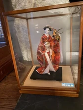 Vintage Japanese Silk Doll 12” Encased In Glass Box.  Mint Condition