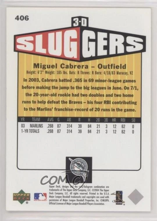 2004 Upper Deck Vintage 3-D Sluggers Miguel Cabrera #406 - Image 2 of 2