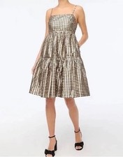 J Crew Black Gold Lurex Gingham Plaid Tiered Metallic Dress Sz 2 Holiday Party