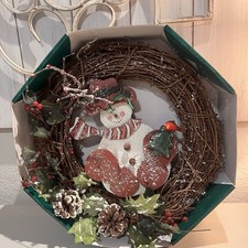 Snowman Trim A Home 12” Grapevine Christmas Wreath Door Hanger Holiday
