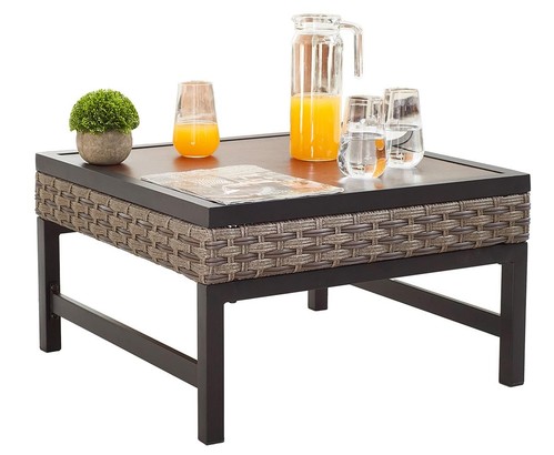 Outdoor Coffee Table 23.6''×23.6'' Patio Metal Table with Wood Grain Top Outs...