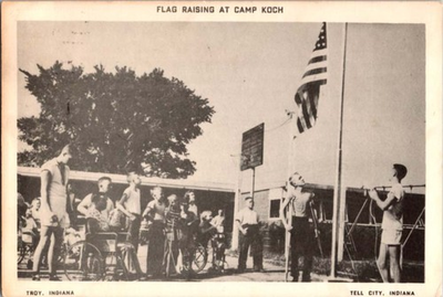 #ad Troy IN postcard FLAG RAISING CEREMONY AT CAMP KOCH j 26 BB3154 $44.99