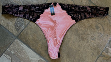 ANN SUMMERS 20/22 Pink Hi Shine Second Skin SATIN Black Lace Thong Panties NWT