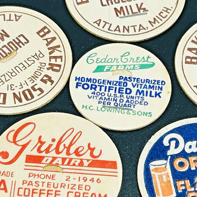 Vintage Milk Bottle Caps Lot of 7 Baker & Sons MI Gribler OH Cedar Crest Dari-O