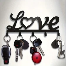 1pc “LOVE” Wall Key Holder – Black Metal Rack w/ 6 Hooks Decorative Box - NEW