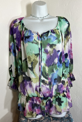 Sunny Leigh Top Size L Floral Boho Ruffle Layered Cinch Waist Lightweight Blouse