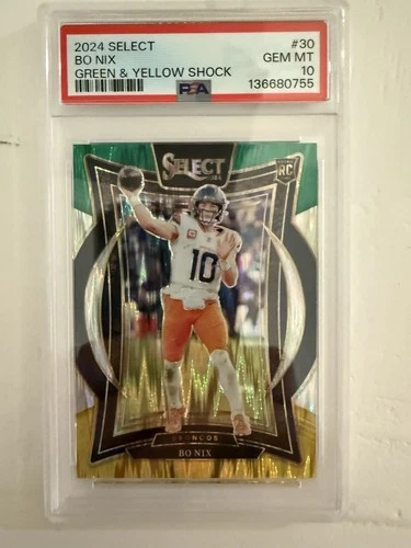 2024 Select Bo Nix Concourse Green and Yellow Prizm Shock RC #30 Broncos PSA 10