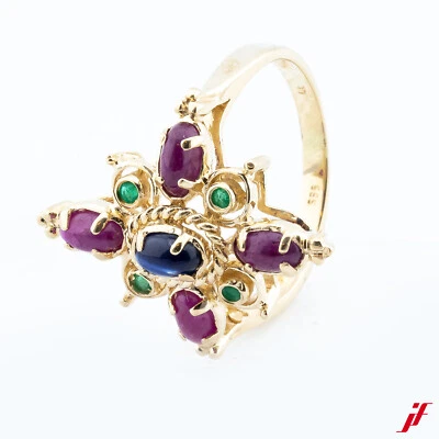 Bague Farbsteinring 585/14K or Jaune 1 Saphir 4 Rubis 4 Émeraude Taille 54 - Photo 1/3