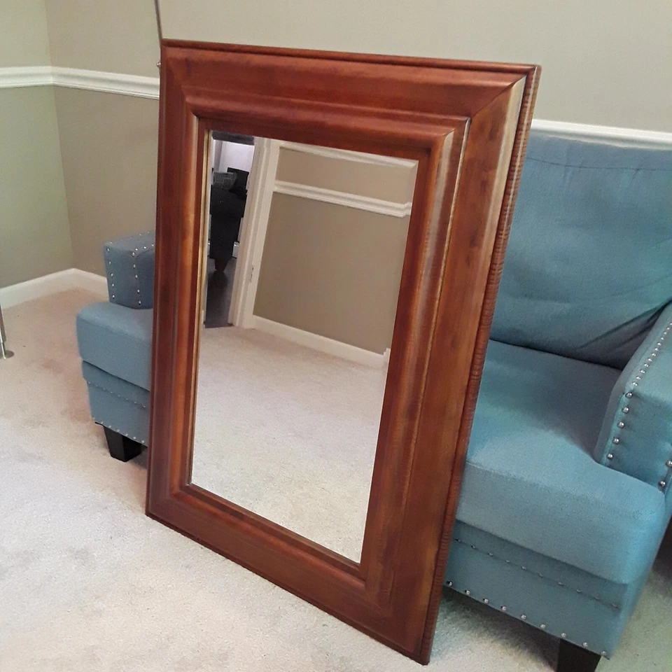 Large Cherry Wood Mirror with Beveled Glass - Image 3 of 4