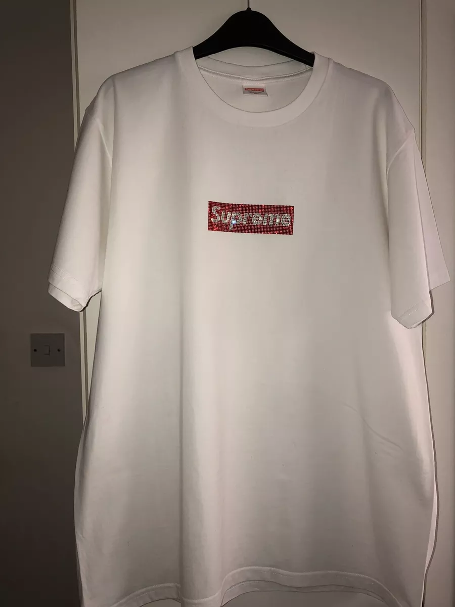 Men's White Supreme Swarovski Box Logo Tee, Size-XL