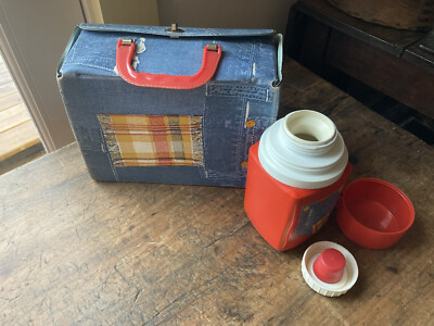 Vintage Jeans Pattern Plastic Lunch Box and Thermos Complete Good