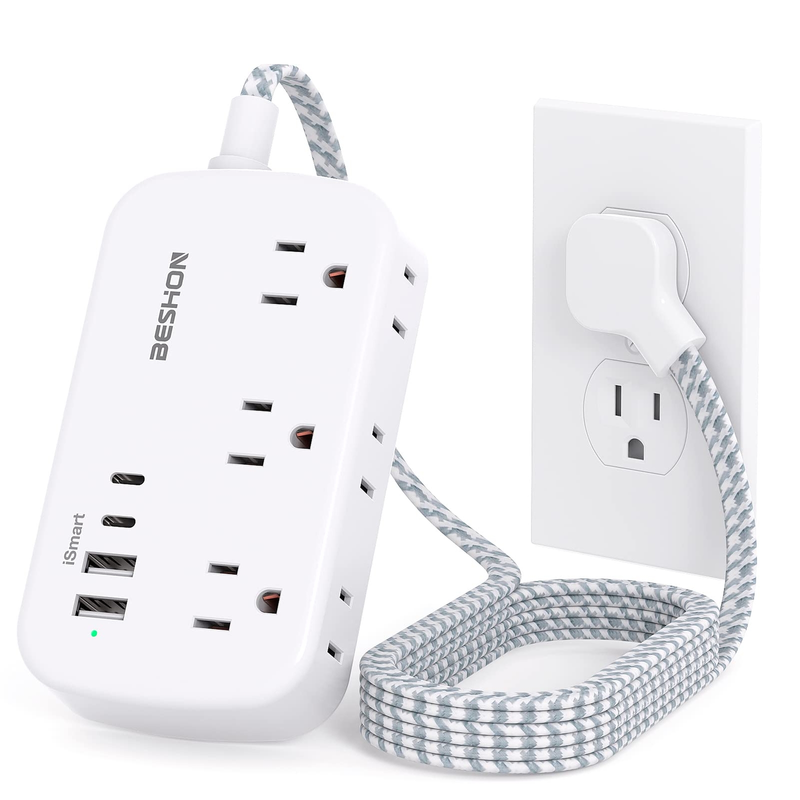 Flat Extension Cord 5ft Flat Plug Power Strip With Usb C 6 Outlets 4 Usb Port2-image