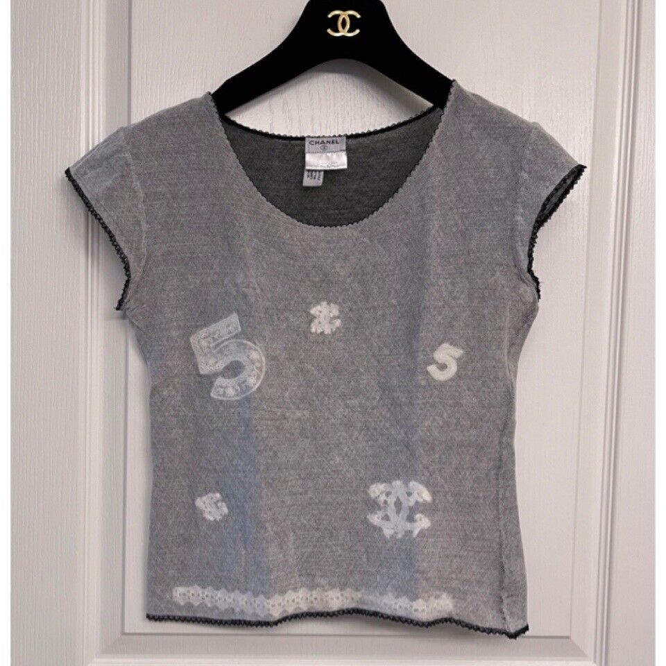 ✨Authentic Vintage CHANEL 2004 RUNWAY CC Logo Mesh Lace Crop Top Shirt  Blouse 38
