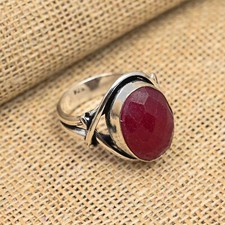 Lab-Created Faceted Ruby Gemstone Handmade 925 Sterling Silver Ring Jewelry