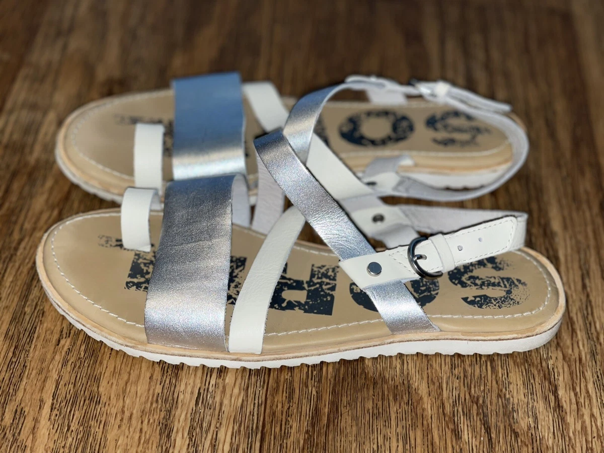 Sorel Ella Criss Cross Flat Sandals Women s Size 7 Tan Silver