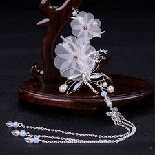 A Pair Chinese Hanfu Yarn Flower Butterfly Long Tassel Hair Clips Headpiece Gift