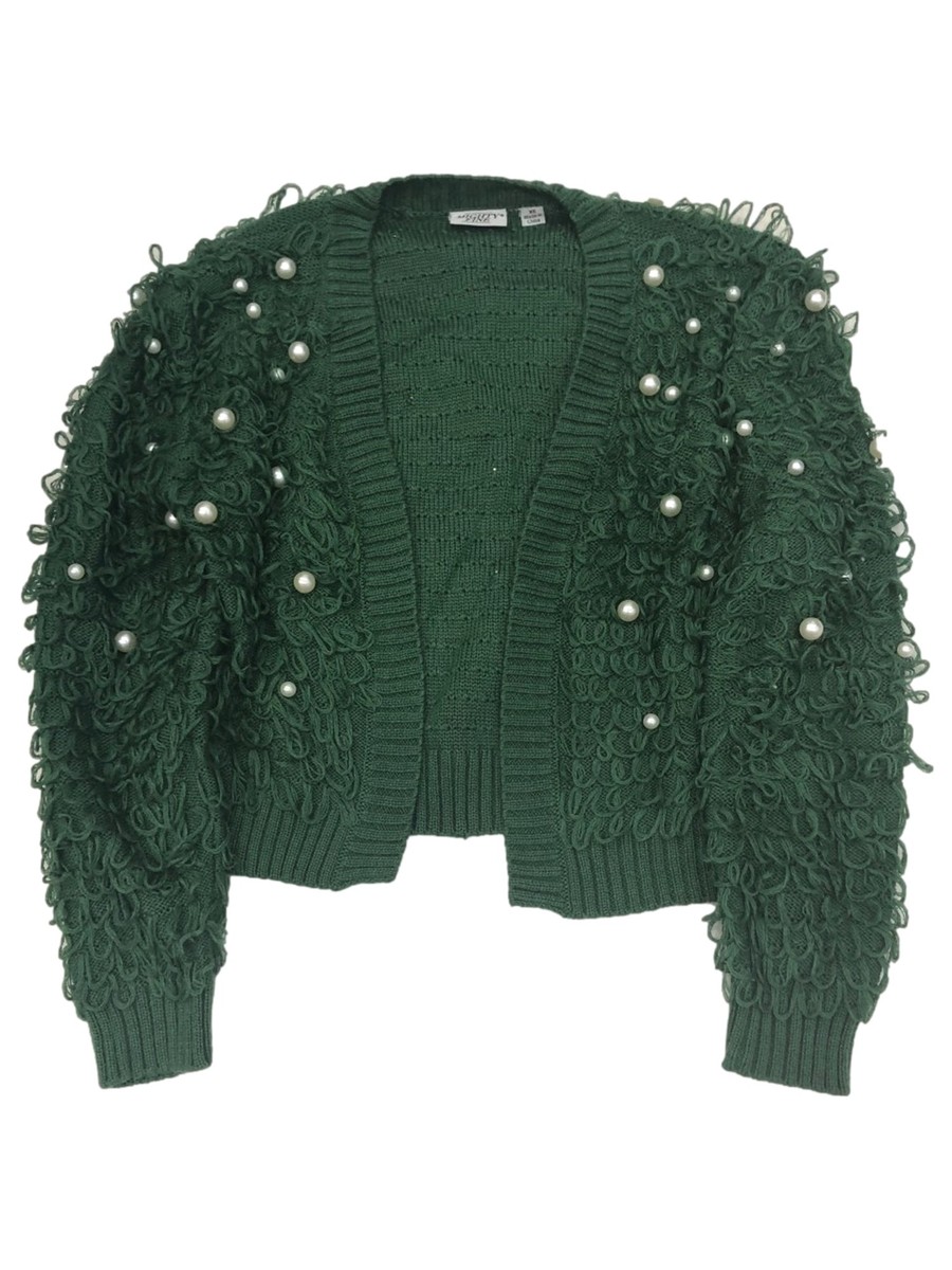 Mighty Fine Womens Lumpy Green Pearl Knit Short Cardigan Sweater X