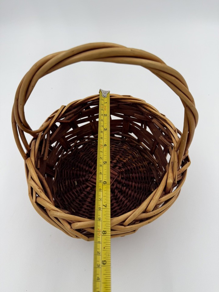 Vintage Hand Woven Round Wooden Basket with Handle Solid Wood 8” L X 9