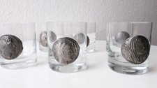 80er 6x Whiskey  Gl&auml;ser  Kristallgl&auml;ser Mit Zinnm&uuml;nzen Decor Glas Gl&auml;ser  80s