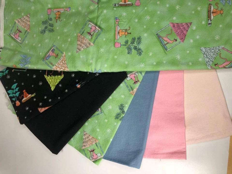 Quilters Project Bundle 5.6 Yards Tiki Cats Mint, Pink, Black Blank Textiles Inc - Image 3 of 4
