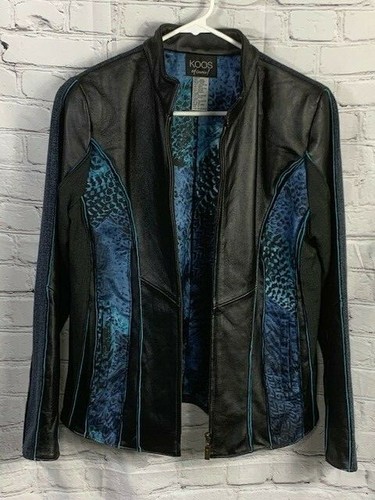 Koos of Course Women 100% Leather Tweed Mix Media Animal Print Blue Jacket Zip S - Picture 4 of 12
